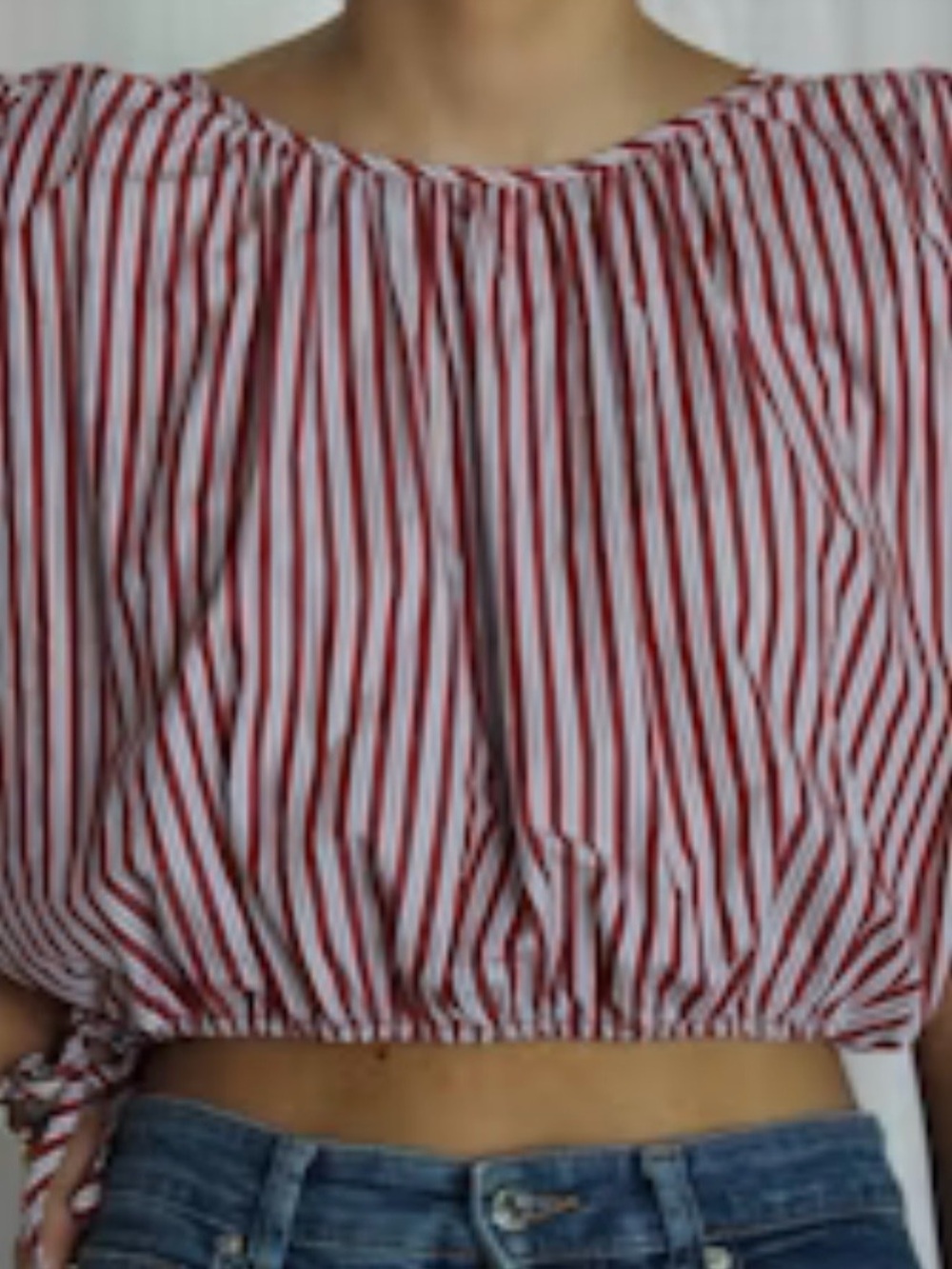 Madewell Red and White Striped Crop Drawstring Top, poplin